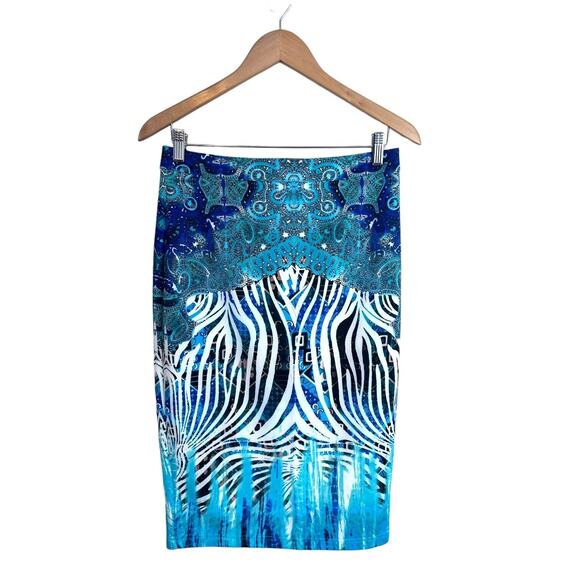 Bebe Midi Skirt Scuba Knit Pencil Straight Jupe Paisley Animal Print Y2K Medium - Picture 1 of 12